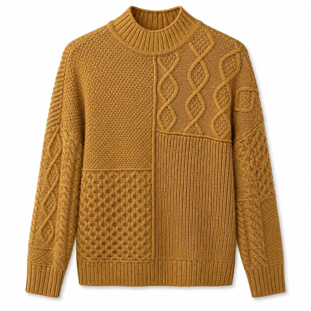 American Eagle Patchwork Cable Knit Sweater Mustard Tan Mock Neck Large 9585